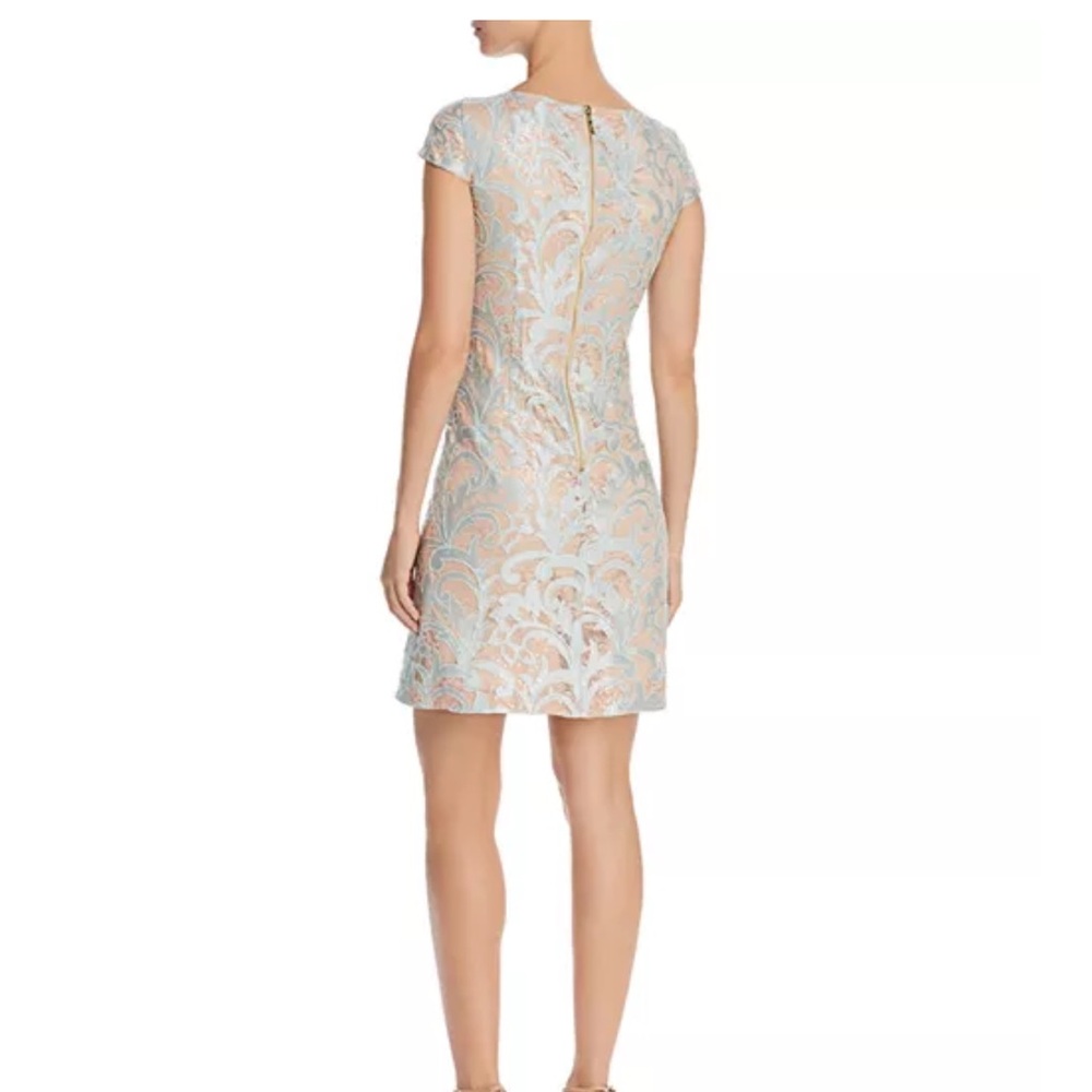 Eliza J Floral Lace Sheath Dress Cap Sleeve Light Blue Nude Lining Size 0 - Picture 2 of 16